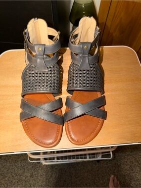 Buckle Gray Woven Ankle Strap Sandals with Tan Footbed